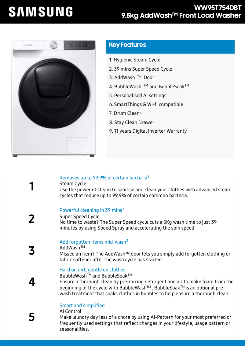 Page 1 de la notice Fiche technique Samsung WW95T754DBT/SA