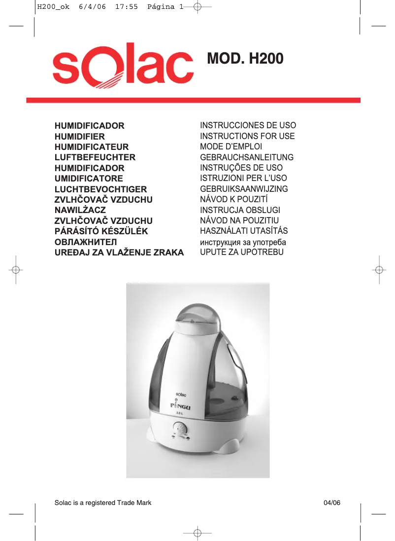 Page 1 de la notice Manuel utilisateur Solac H200