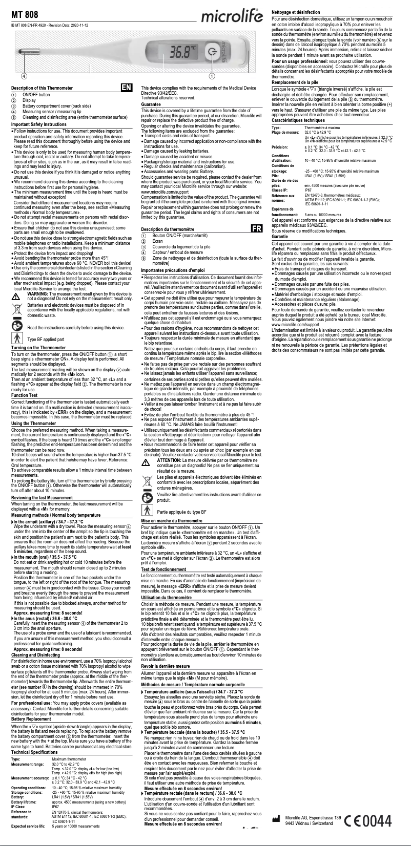 Page n°1 - Manuel utilisateur Microlife MT 808