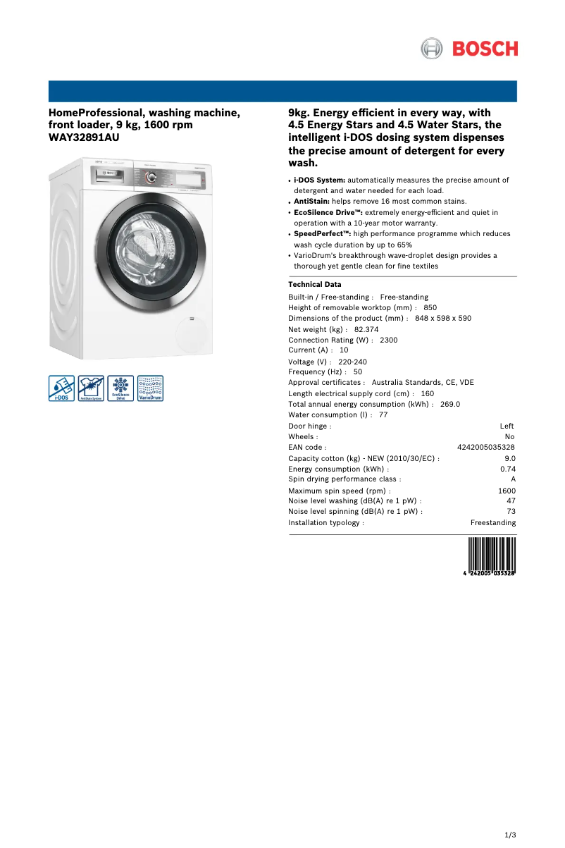 Page n°1 - Fiche technique Bosch WAY32891AU