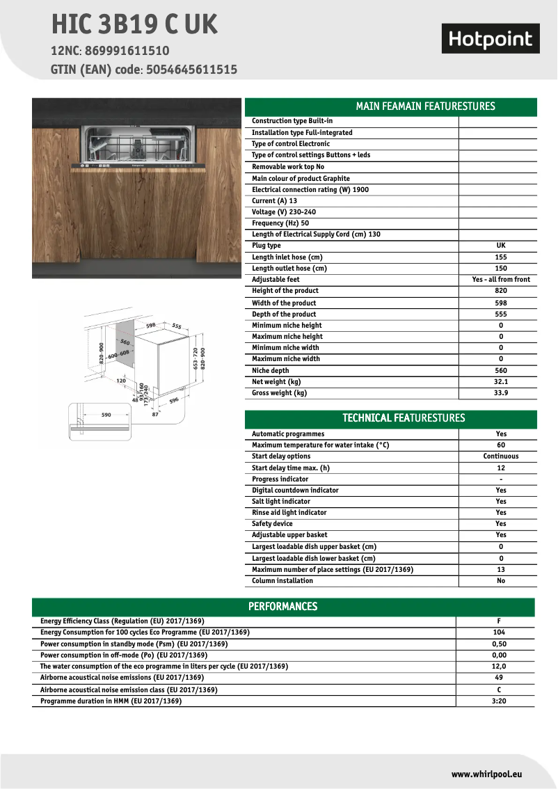 Page 1 de la notice Fiche technique Hotpoint HIC 3B19 C UK