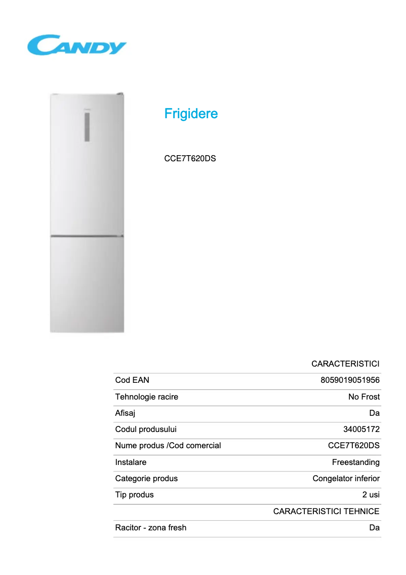Page 1 de la notice Fiche technique Candy CCE7T620DS