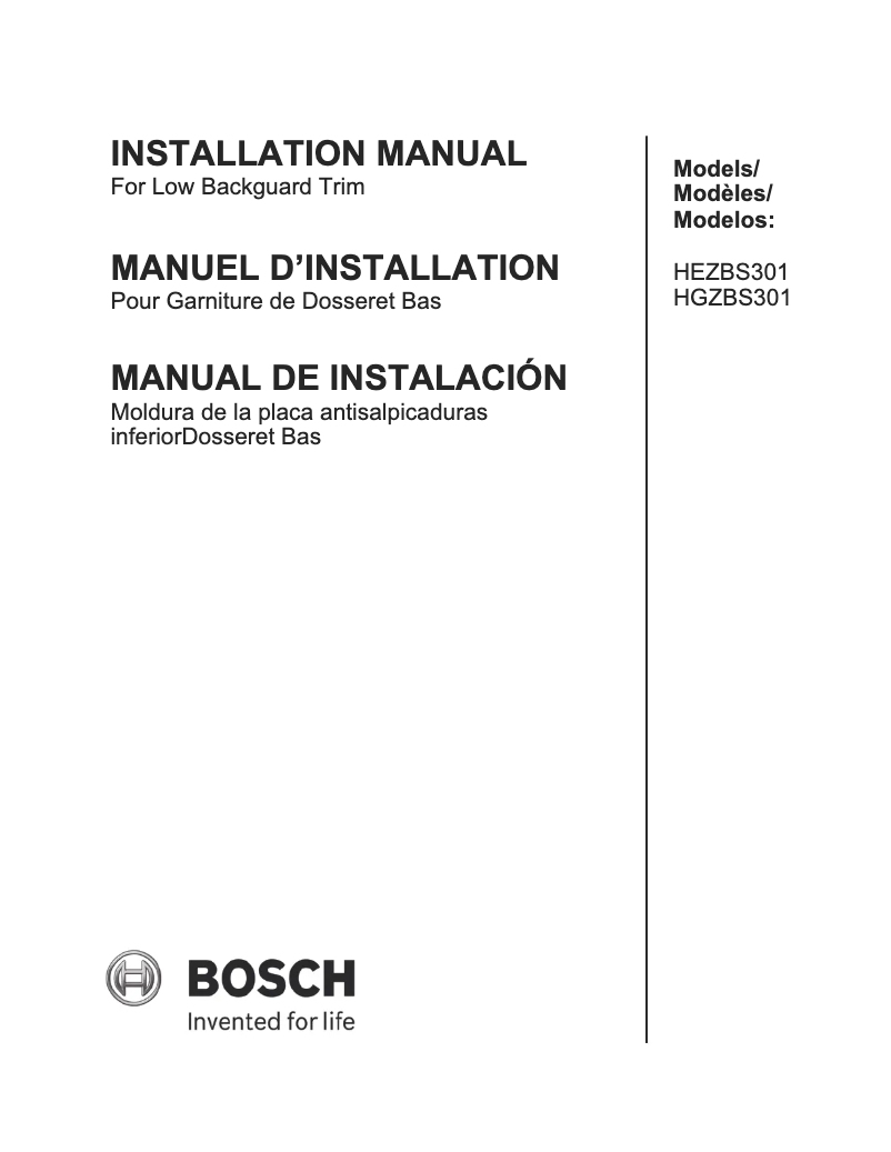 Page 1 de la notice Guide d'installation Bosch HGZBS301