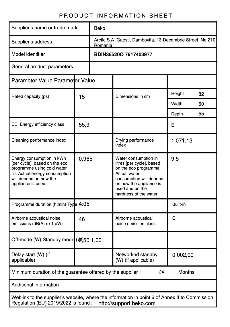 Page 1 de la notice Fiche technique Beko BDIN36520Q