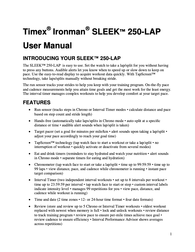 Page n°1 - Manuel utilisateur Timex Ironman Sleek 250-LAP