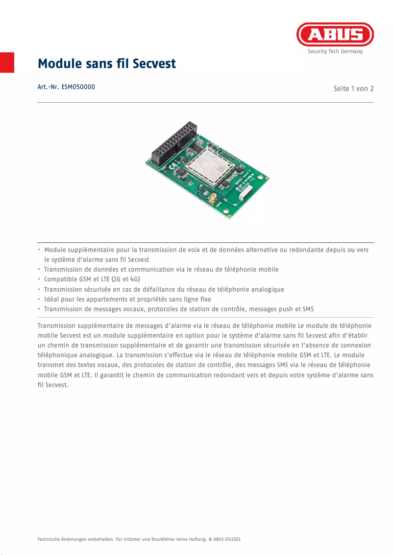 Page n°1 - Fiche technique Abus ESMO50000
