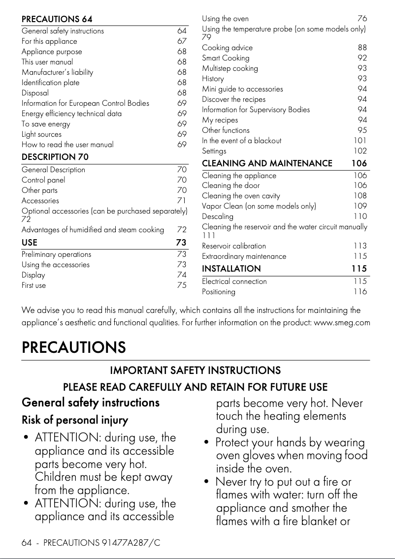 Page 1 de la notice Manuel utilisateur Smeg SO4606WS4PNR