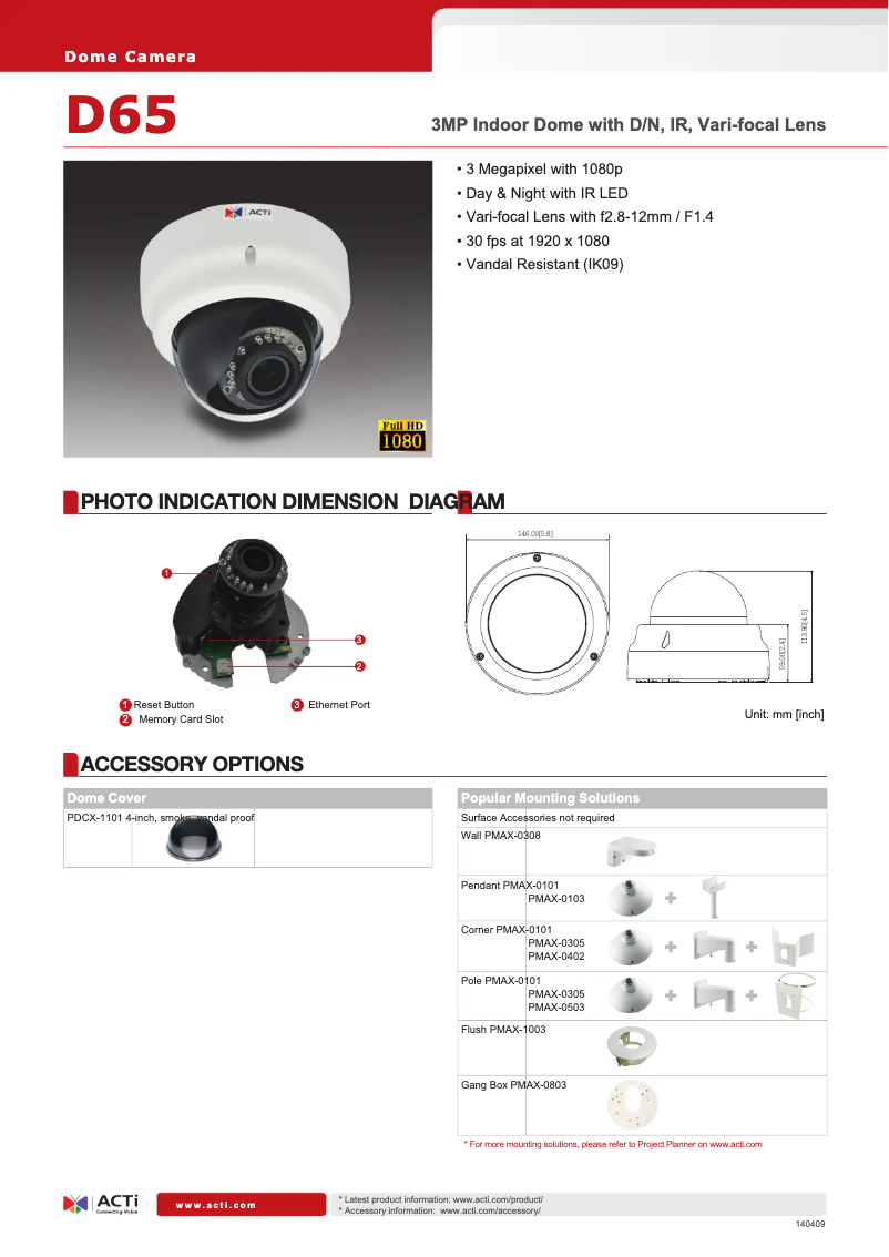 Page 1 de la notice Fiche technique ACTi D65