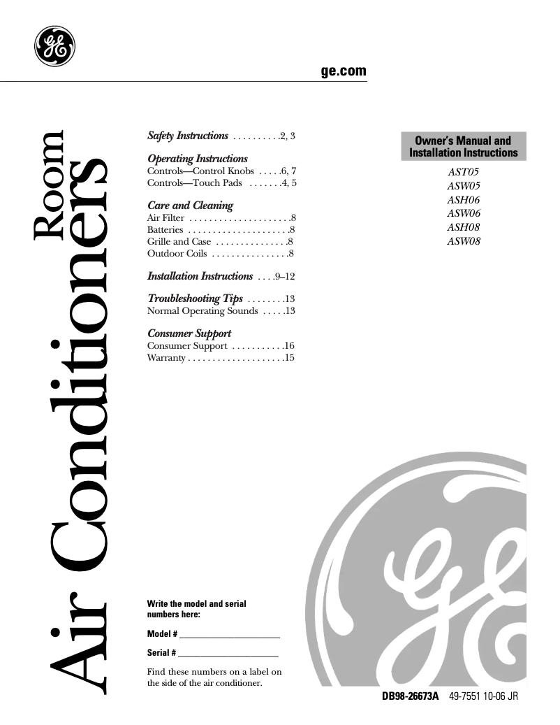 Page n°1 - Guide d'installation GE ASW06LC