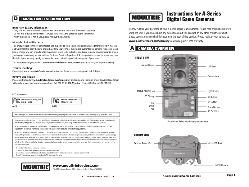 Page 1 de la notice Manuel utilisateur Moultrie A-20
