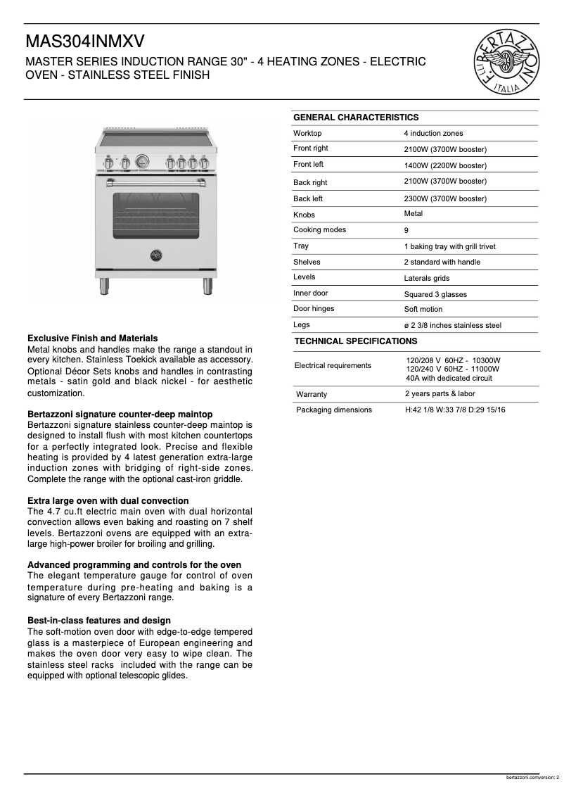 Página 1 del manual Ficha técnica Bertazzoni MAS304INMXV