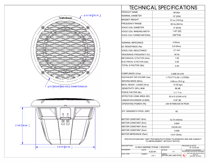 Page n°1 - Fiche technique Rockford Fosgate Marine M110S4