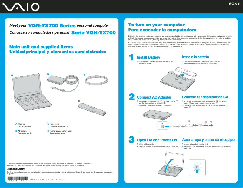 Page 1 de la notice Guide d'installation Sony Vaio VGN-TX770P