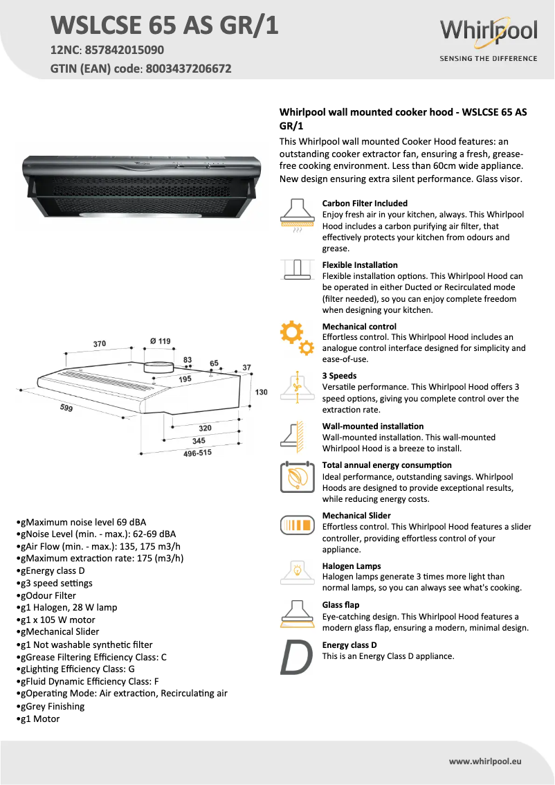 Page 1 de la notice Fiche technique Whirlpool WSLCSE 65 AS GR/1