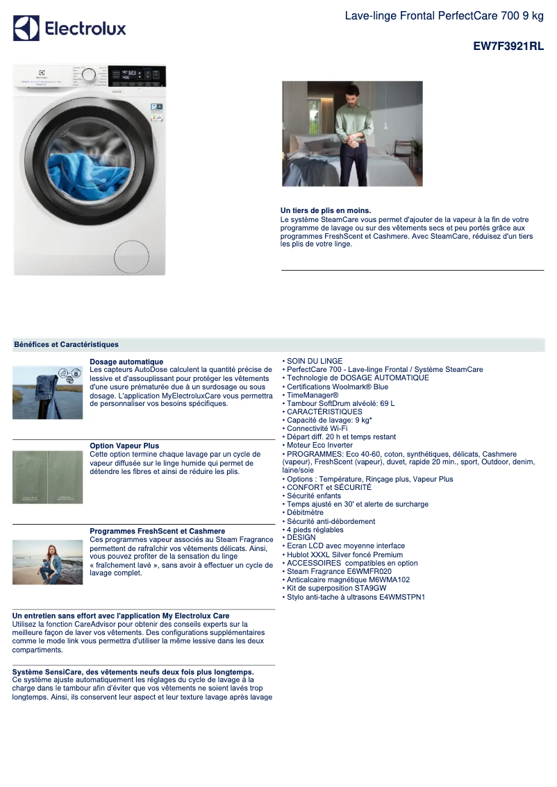Page 1 de la notice Fiche technique Electrolux EW7F3921RL