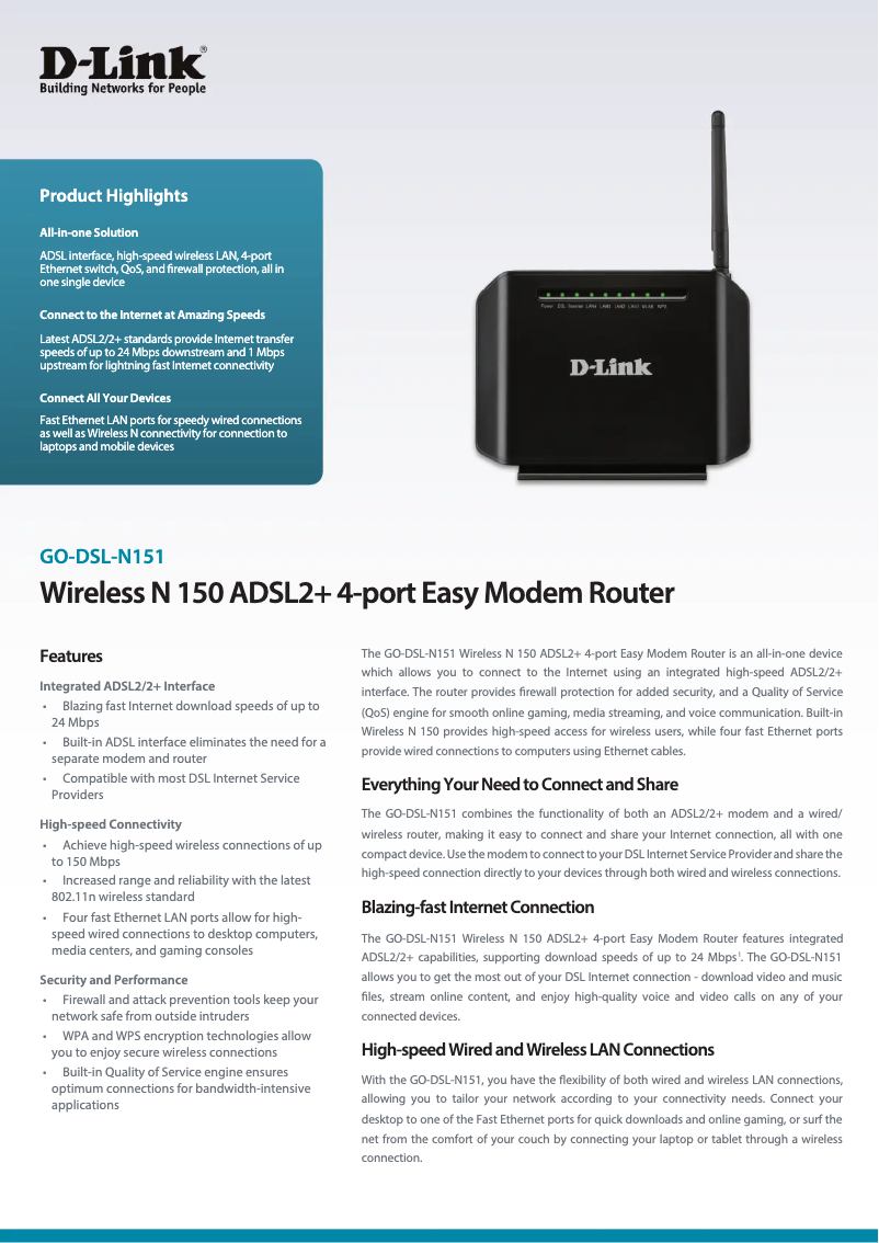 Page n°1 - Fiche technique D-Link GO-DSL-N151
