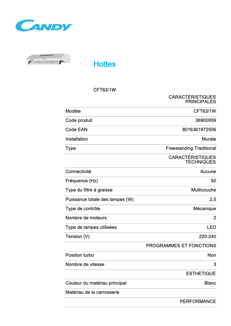 Page 1 de la notice Fiche technique Candy CFT63/1W