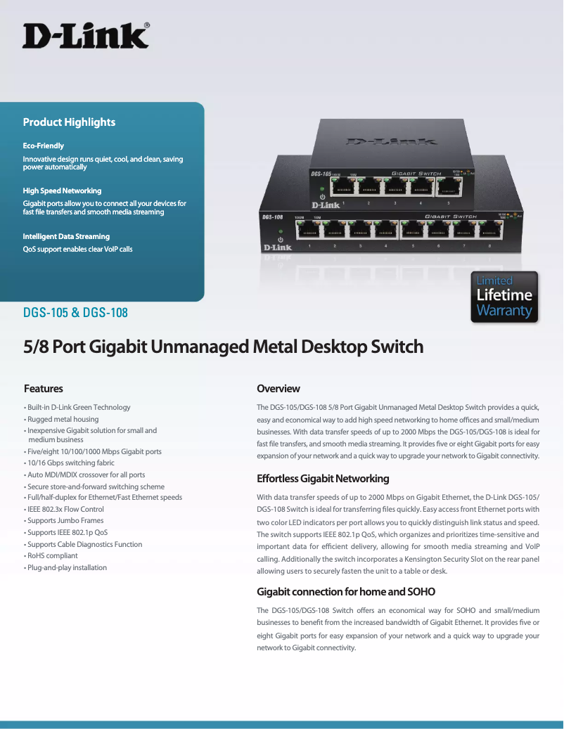 Page n°1 - Fiche technique D-Link DGS-105