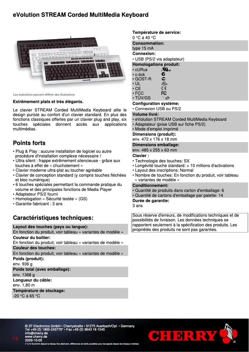 Page 1 de la notice Fiche technique Cherry eVolution STREAM