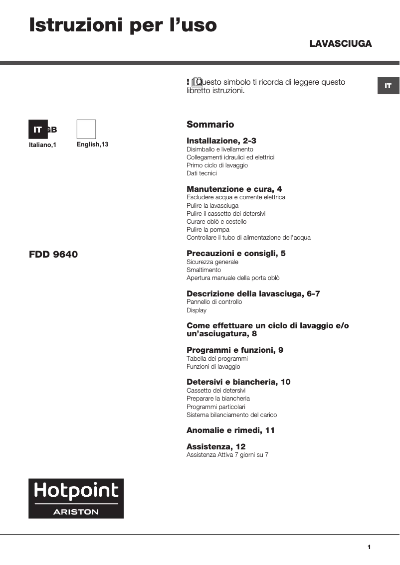 Page n°1 - Manuel utilisateur Hotpoint FDD 9640B IT