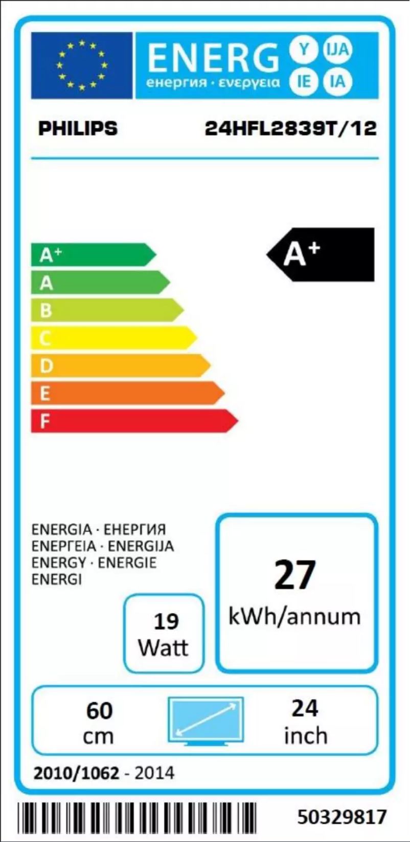 Page n°1 - Label énergétique Philips 24HFL2839T