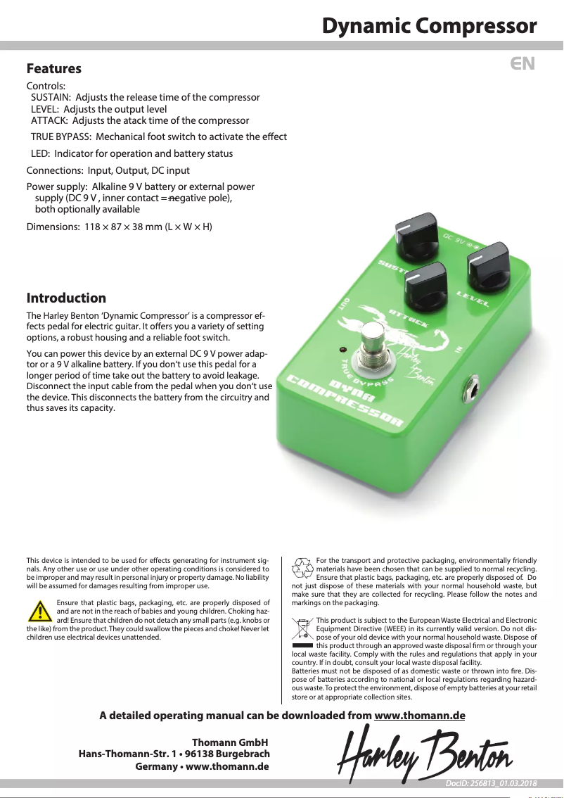 Page 1 de la notice Fiche technique Harley Benton Dynamic Compressor