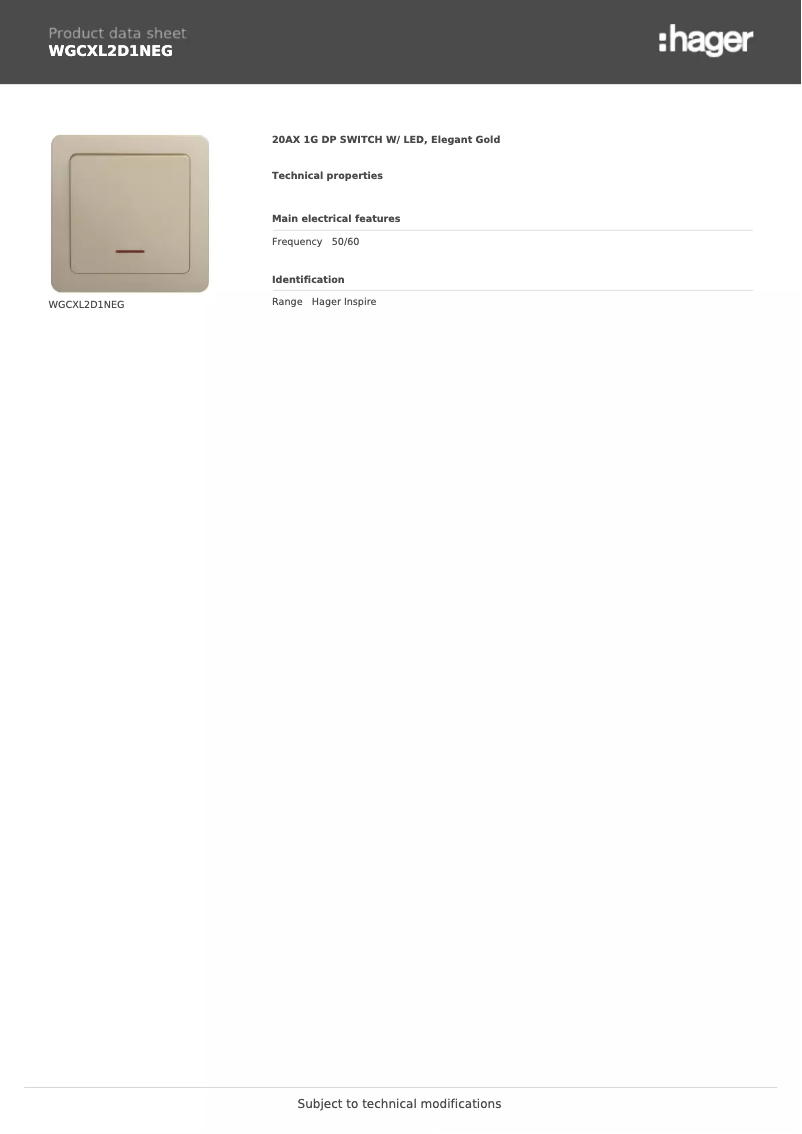 Page 1 de la notice Fiche technique Hager WGCXL2D1NEG