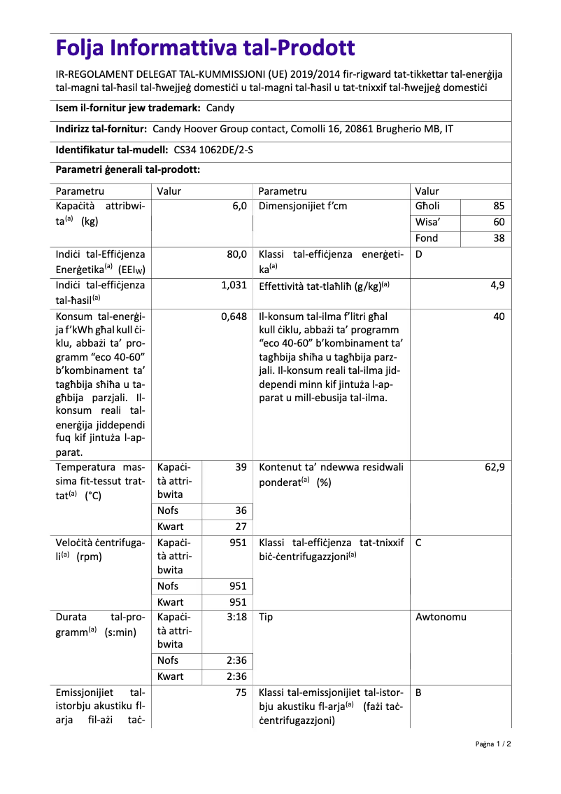 Page 1 de la notice Fiche technique Candy CS34 1062DE/2-S
