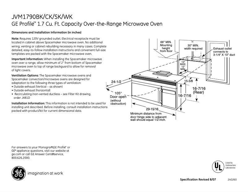 Page 1 of the manual Technical Sheet GE Profile JVM1790SK