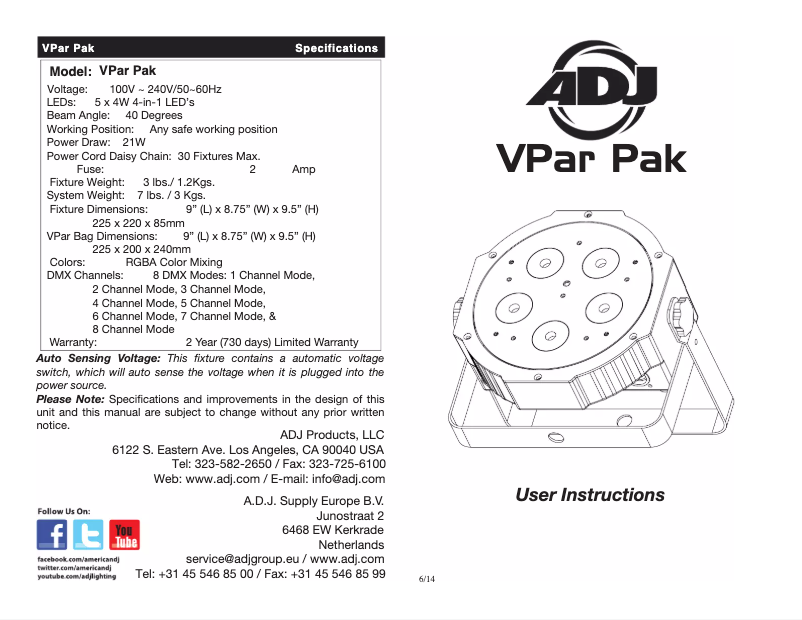 Page 1 de la notice Manuel utilisateur Adj VPar Pak
