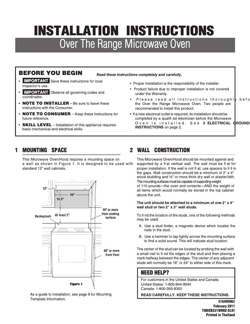 Page 1 de la notice Guide d'installation Frigidaire FGMV173KQ