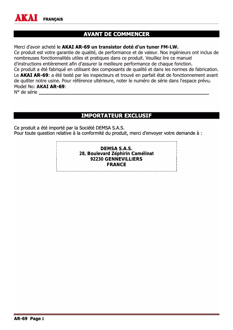 Image de la première page du manuel de l'appareil AR-69