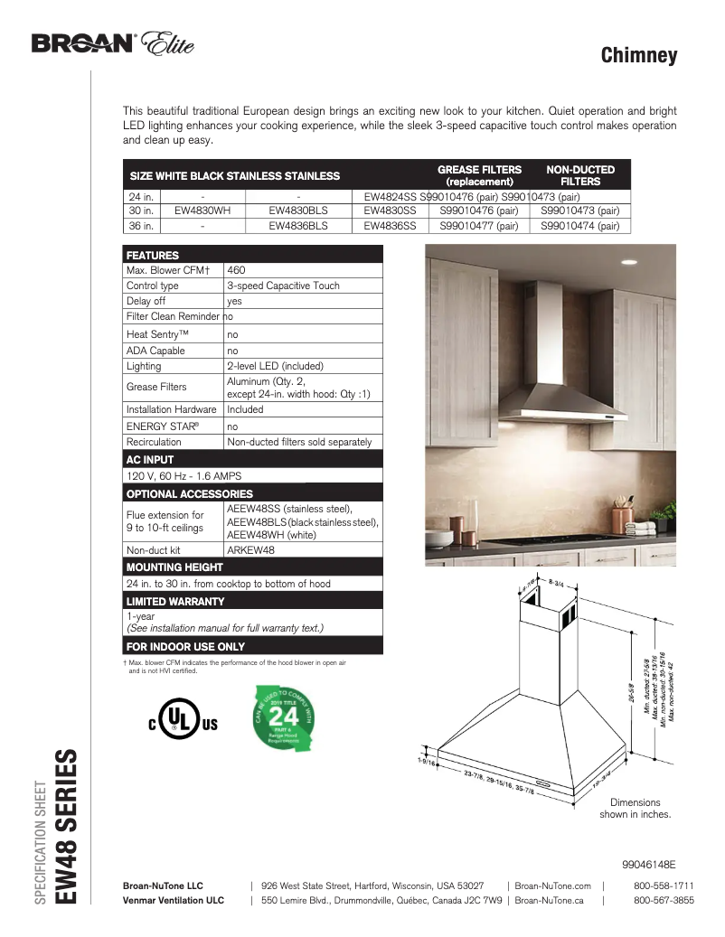 Page n°1 - Fiche technique Broan EW4836SS