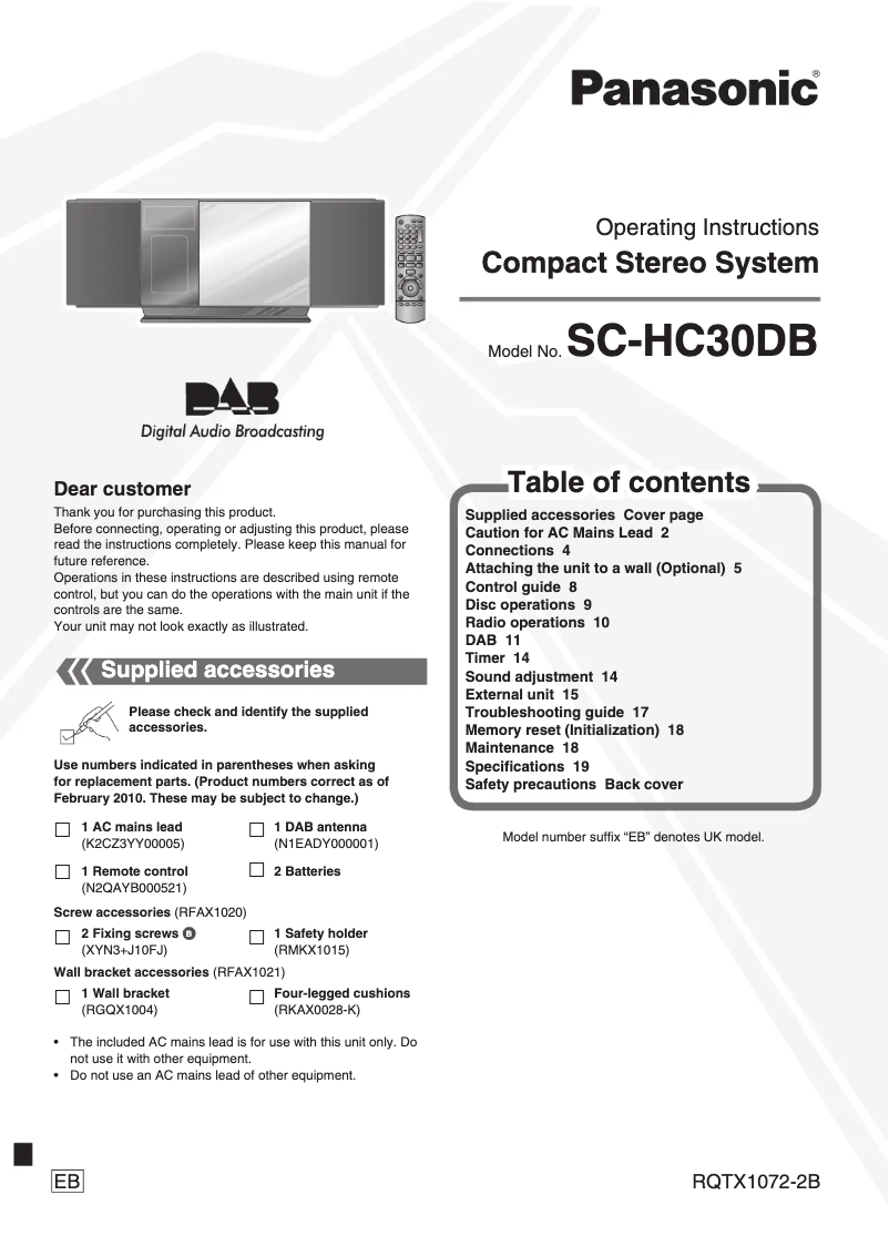 Page 1 de la notice Manuel utilisateur Panasonic SC-HC30DB