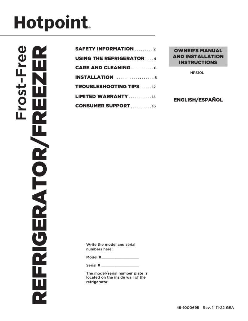 Page n°1 - Manuel utilisateur Hotpoint HPS10LGVRWW