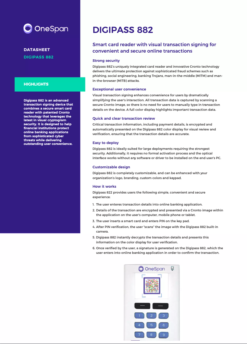 Page 1 de la notice Manuel utilisateur OneSpan Digipass 882 Sm@rt Tan Photo