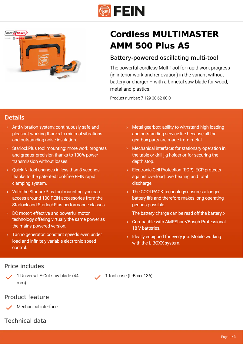 Page 1 de la notice Fiche technique Fein Multimaster AMM 500 Plus AS