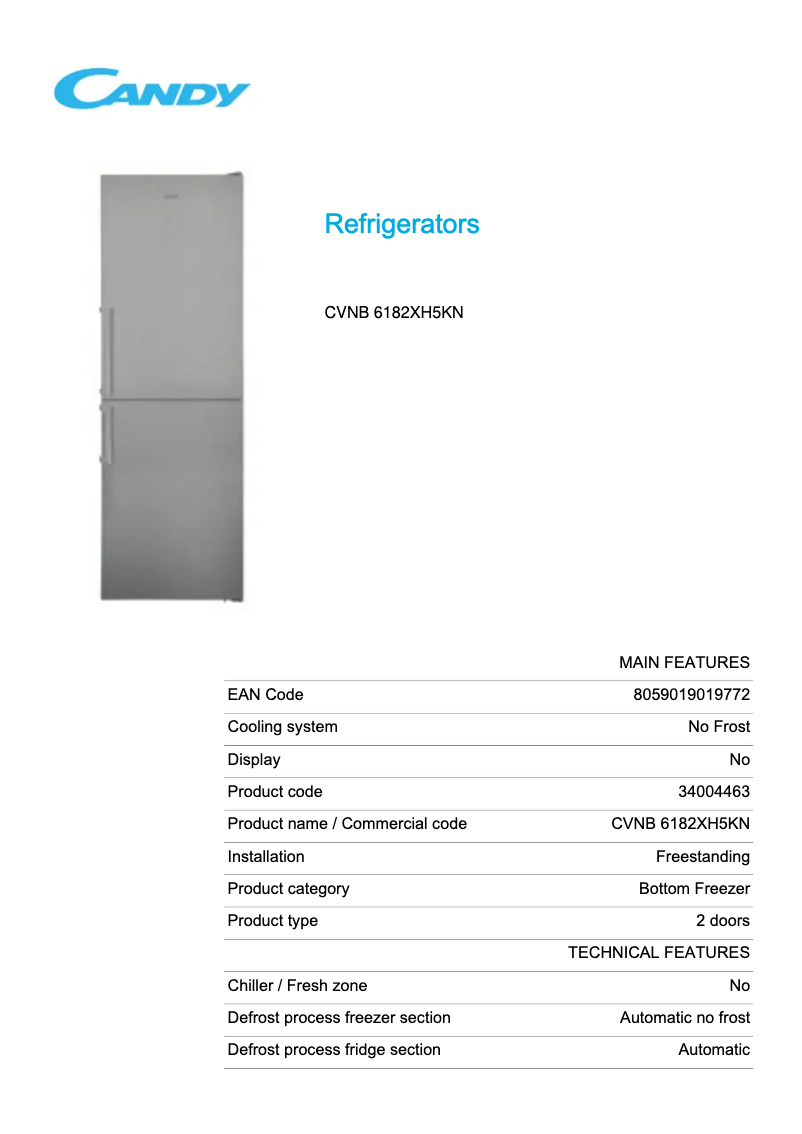 Page 1 de la notice Fiche technique Candy CVNB 6182XH5KN