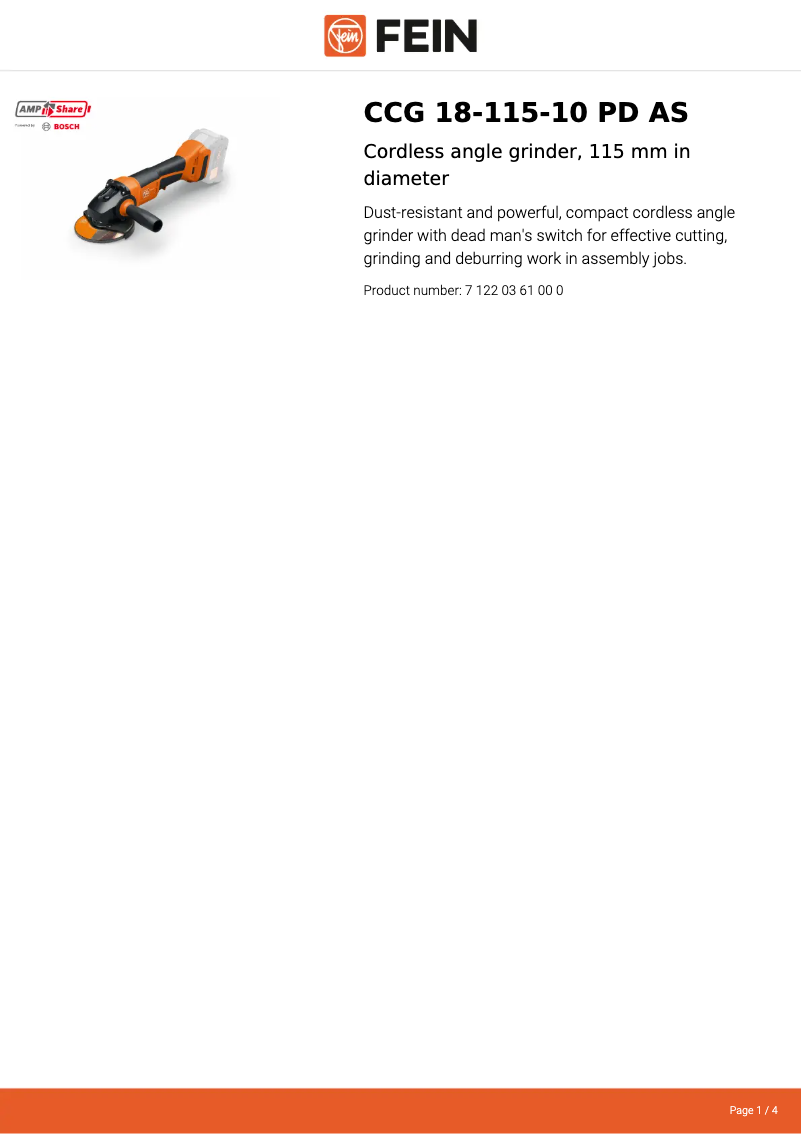 Page n°1 - Fiche technique Fein CCG 18-115-10 PD AS
