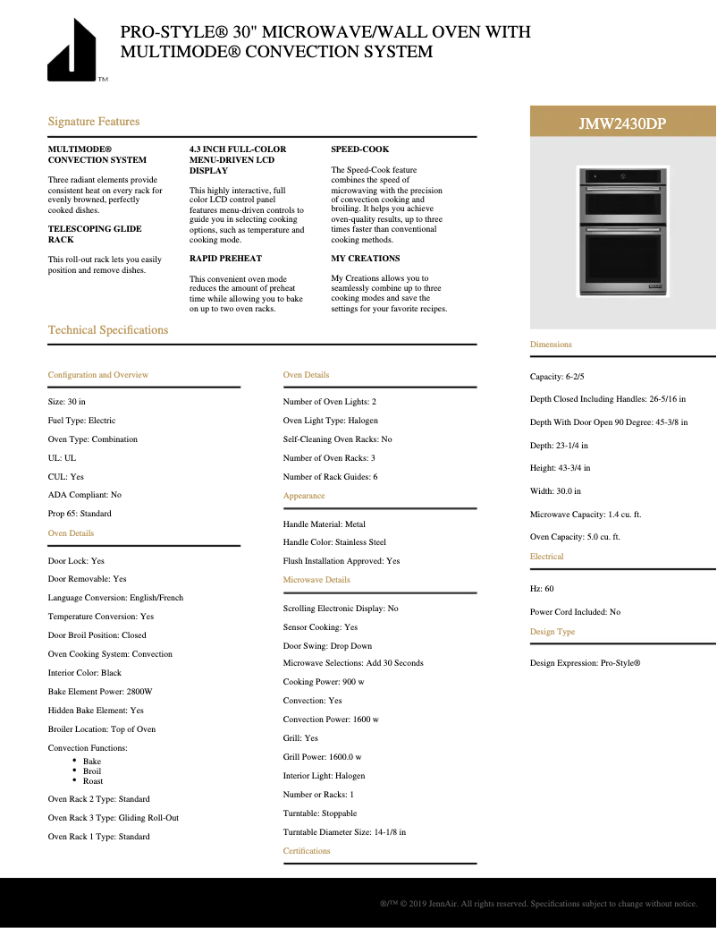 Page 1 de la notice Fiche technique KitchenAid JMW2430DP
