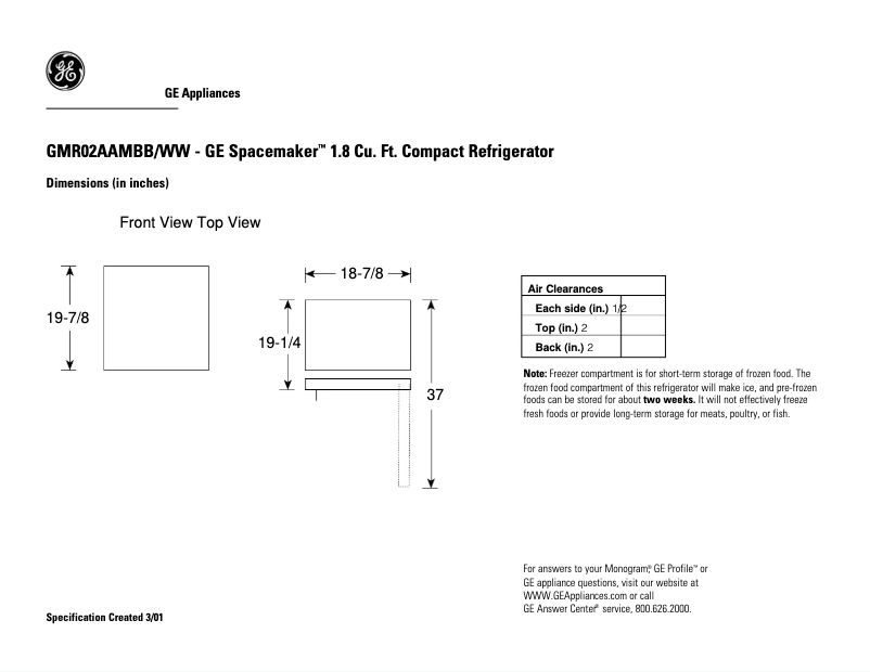 Page 1 de la notice Fiche technique GE GMR02AAMWW