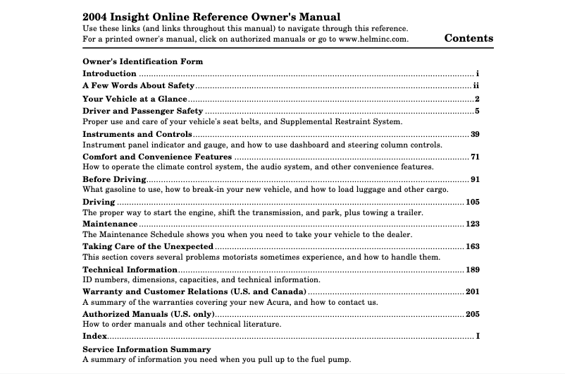 Page 1 de la notice Manuel utilisateur Honda Insight (2004)
