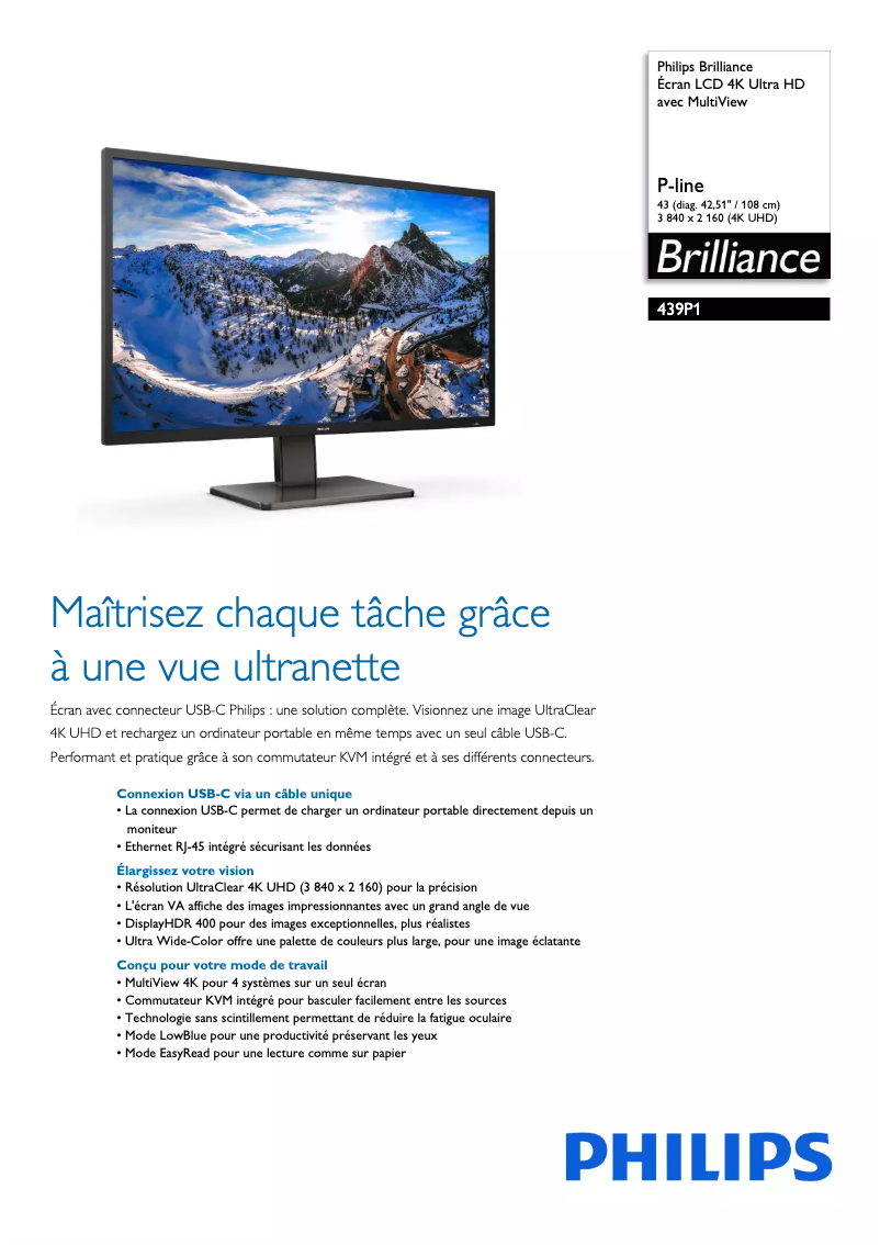 Page 1 de la notice Fiche technique Philips Brilliance MultiView 439P1