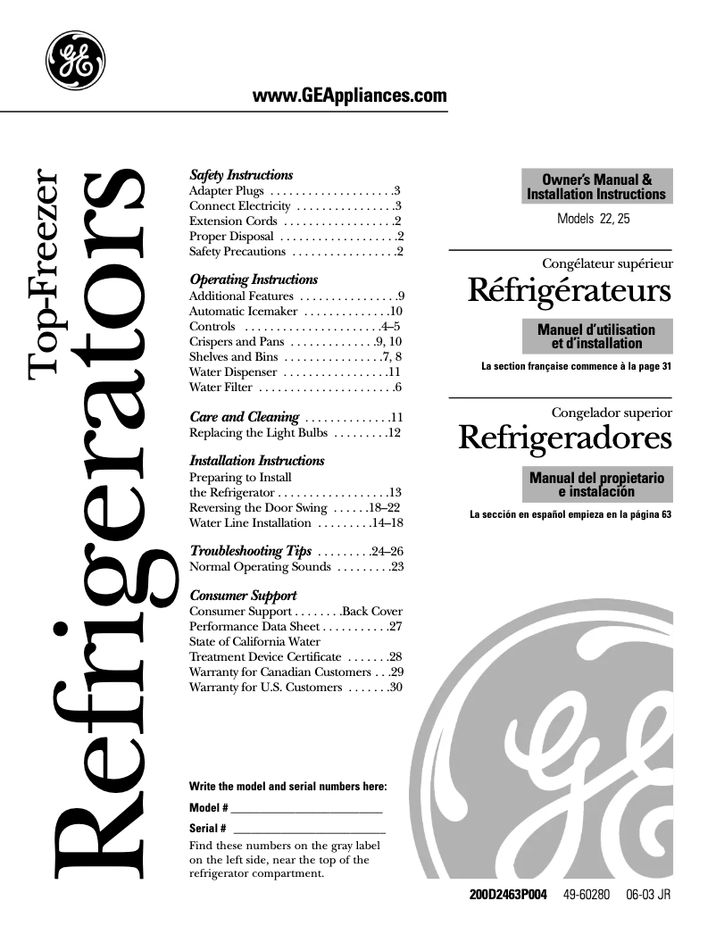 Page 1 de la notice Mode d'emploi GE PTS22LCPWW