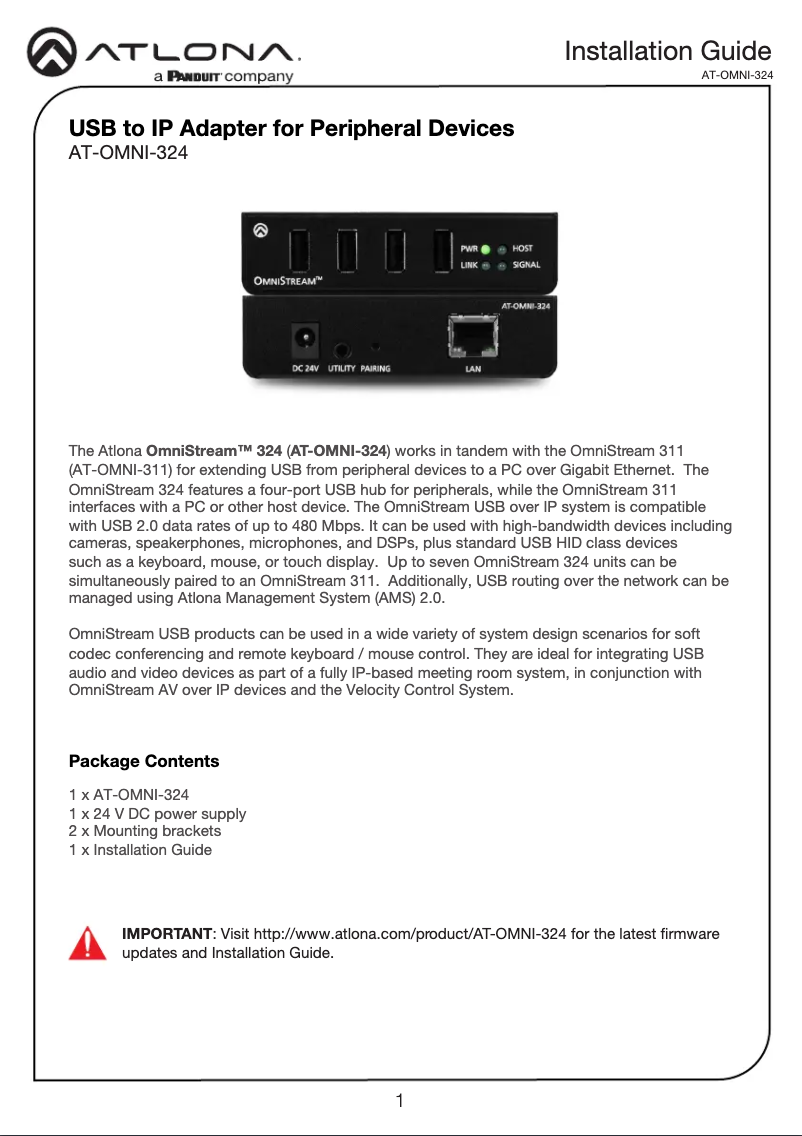 Page 1 de la notice Guide d'installation Atlona AT-OMNI-324