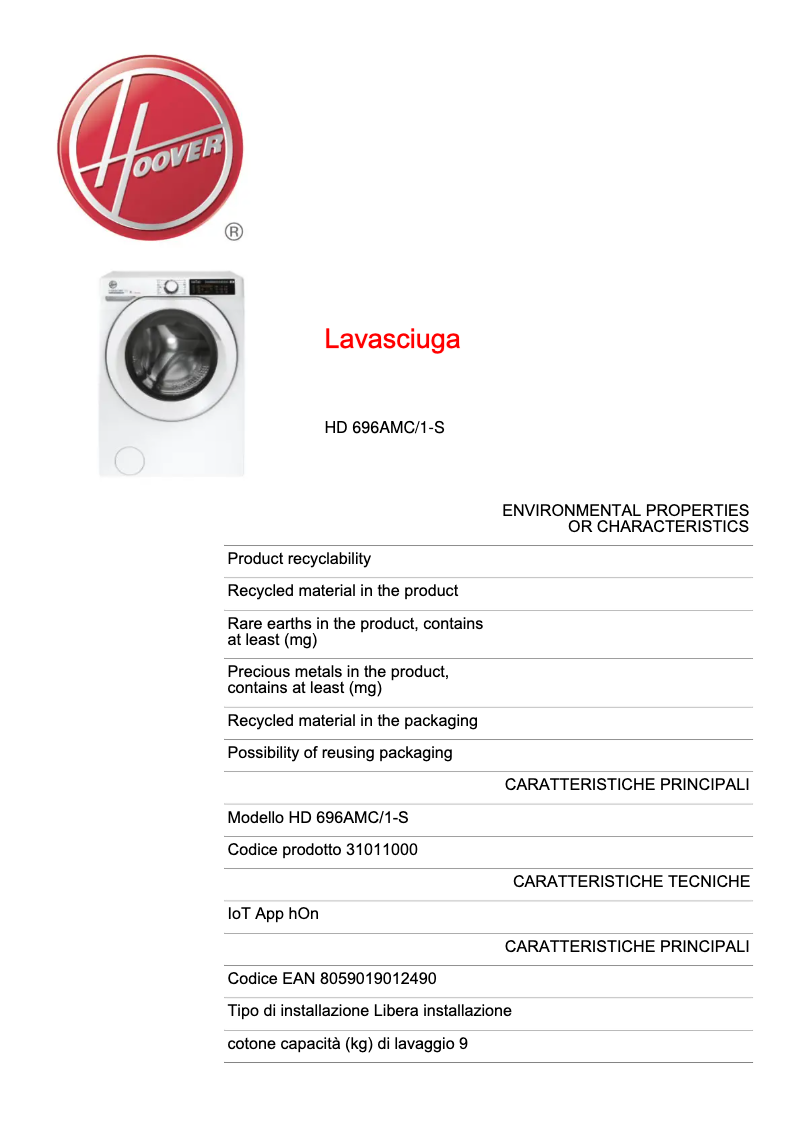 Page 1 de la notice Fiche technique Hoover HWPS41064DAMR-11