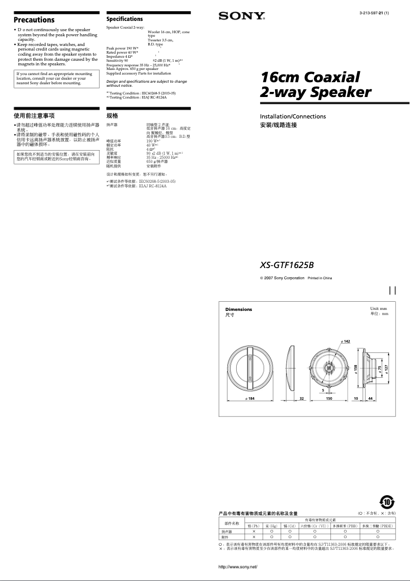 Page n°1 - Manuel utilisateur Sony XS-GTF1625B