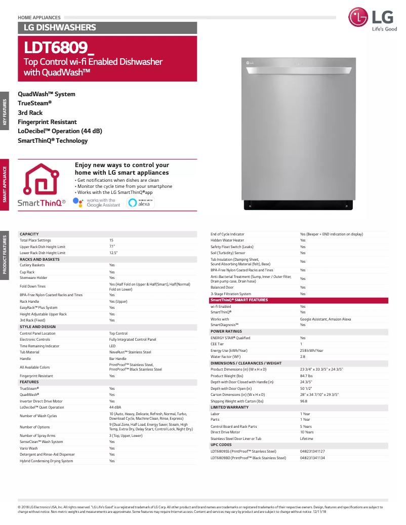 Page 1 de la notice Fiche technique LG LDT6809BD