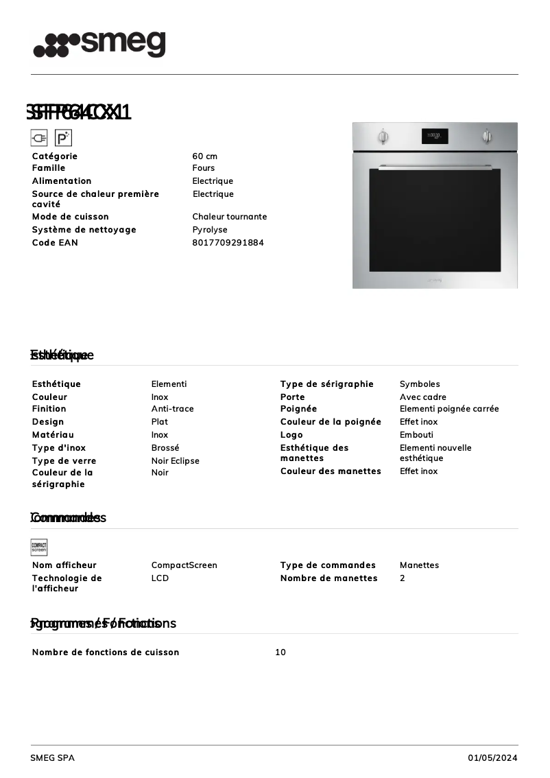 Page 1 de la notice Fiche technique Smeg SFP64CX1