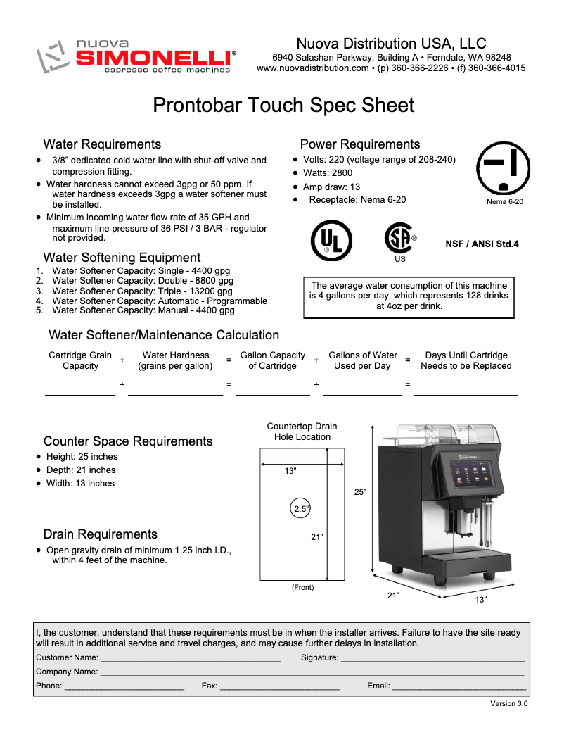 Page 1 de la notice Fiche technique Nuova Simonelli Prontobar Touch